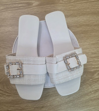 Women s White  Slide Sandals Slip-On Flat Syn...