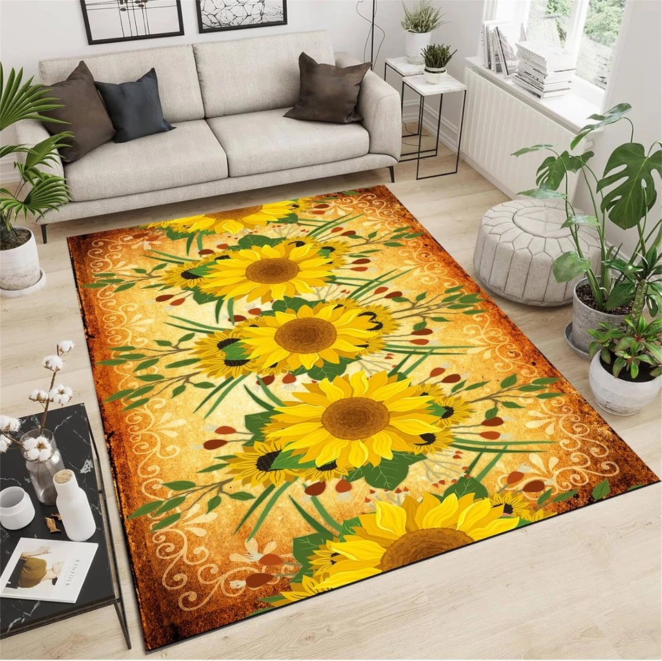 Alfombra amarilla de girasol, alfombra floral de campo de 3x5 pies, lavable antideslizante... Foto 3 de 4