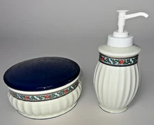 Porcelain Japan Covered Powder Vanity Jar Floral W Blue Cover Matching Dispenser