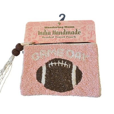 Wandering Moon Game Day Football Beaded Zip Pouch Travel Bag Pink NEW 