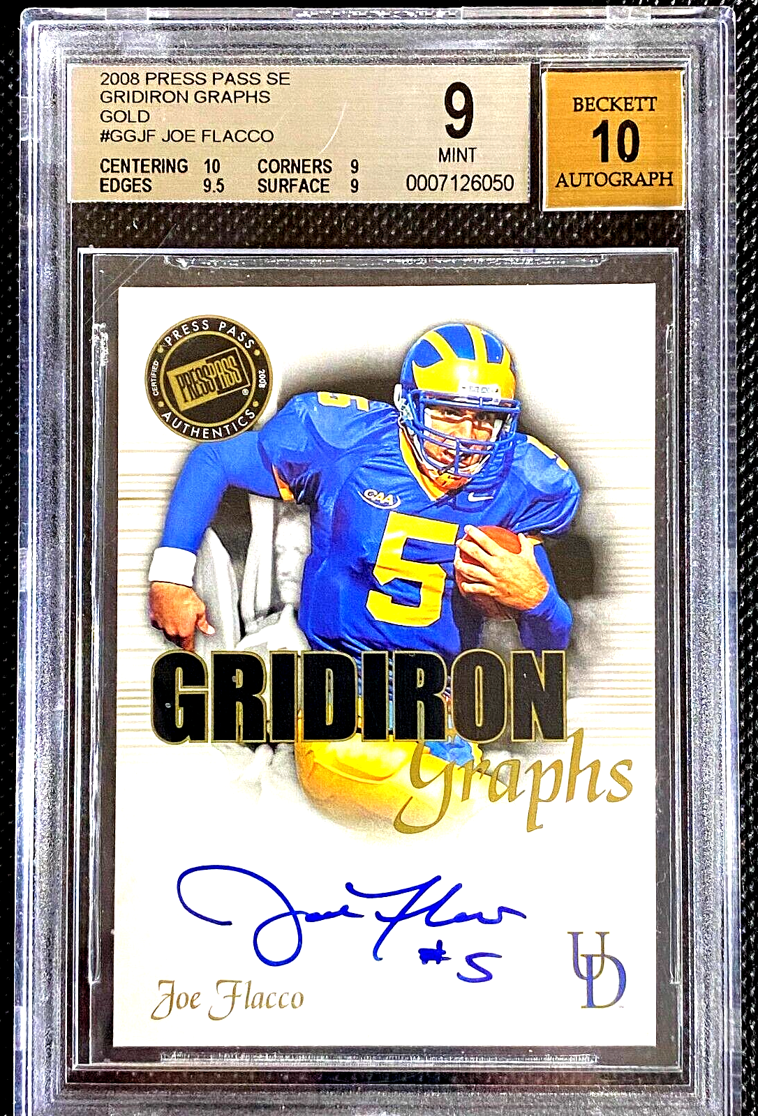 Joe Flacco 2008 BGS 9 MINT PRESS PASS GOLD GRIDIRON GRAPHS ROOKIE 10/ AUTO G5485 