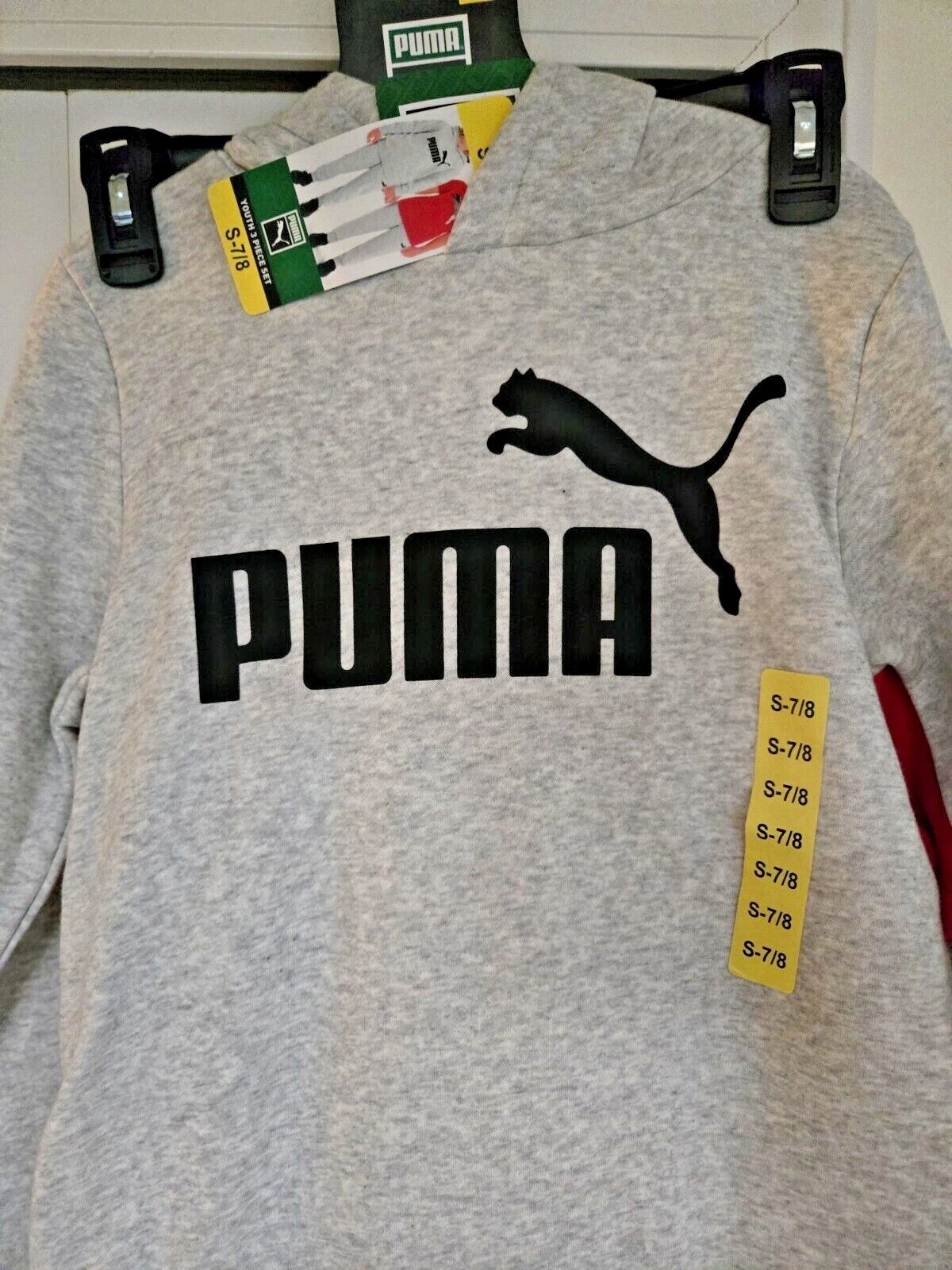 OFF WHITE Set 3 pezzi PUMA ragazzo: felpa con cappuccio camicia e pantaloni taglie S M L NUOVO