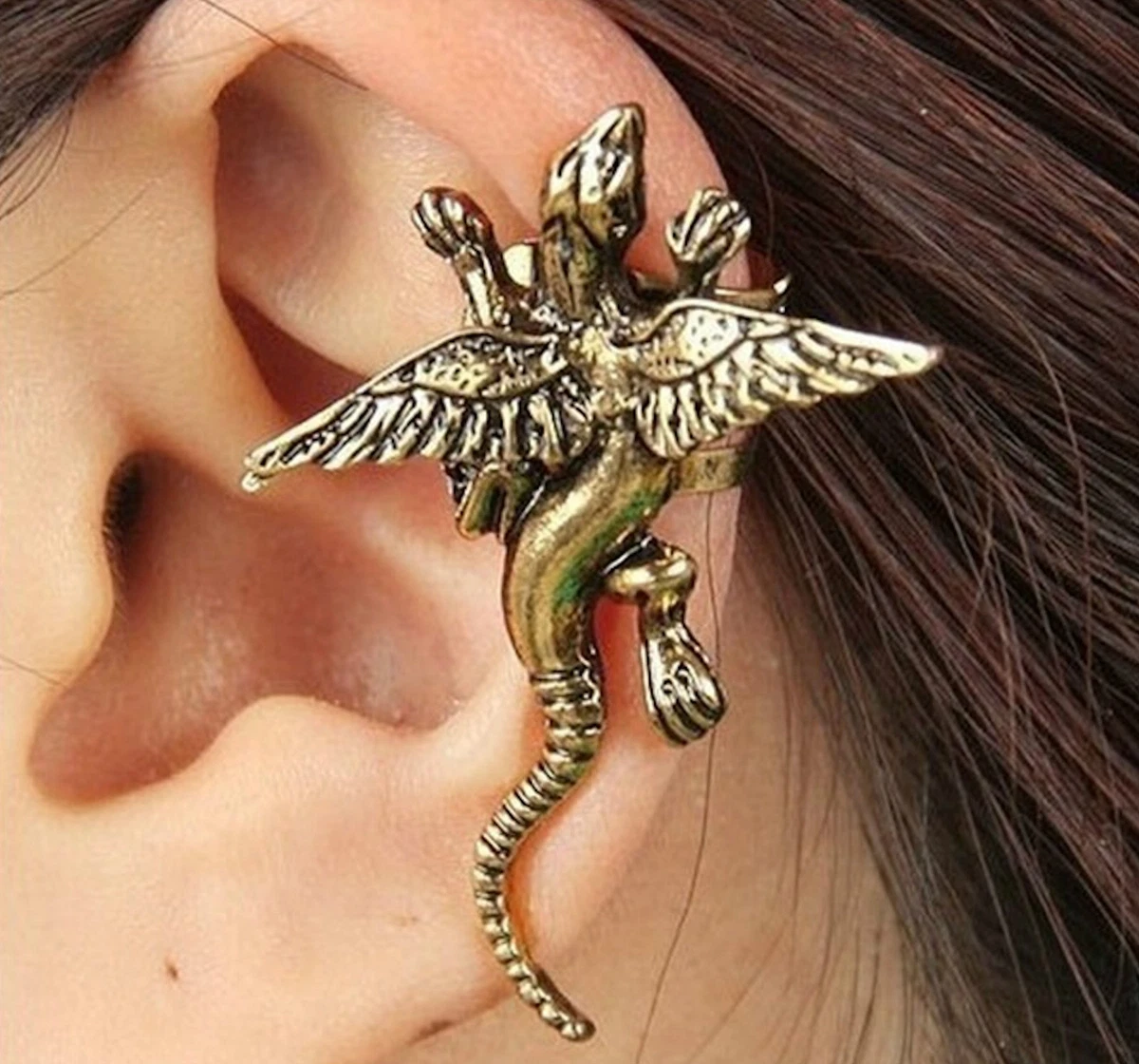 flying dragon lizard ear cuff clip metal earring wings wrap