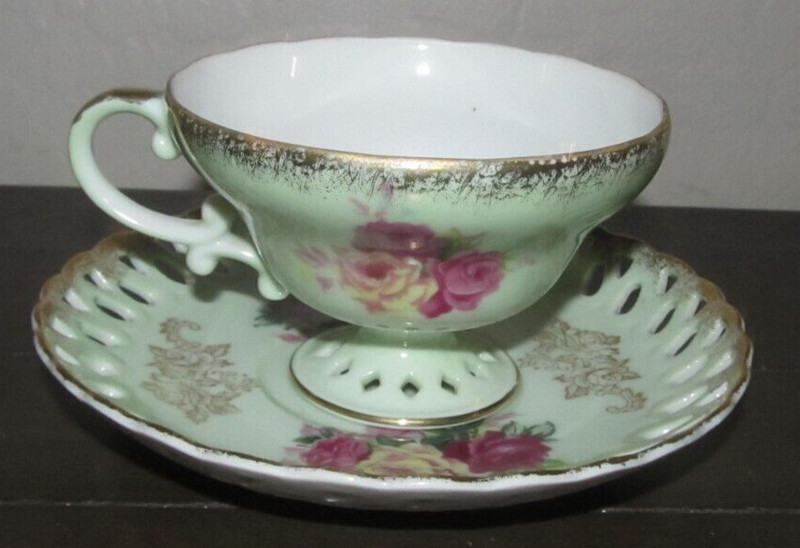 Vintage Porcelain Pedestal Footed Teacup Tea Cup & Saucer Green Gold Floral Rose