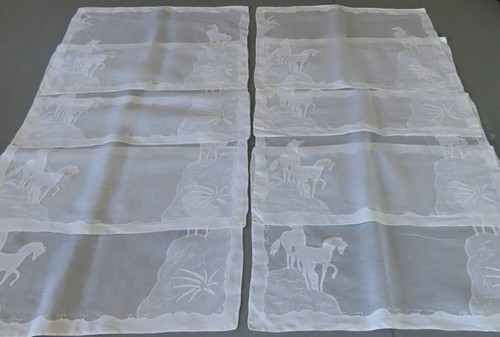 8 Vintage MADEIRA Organdy + Linen Hand Embroidered + Appliqued Placemats HORSES - Picture 2 of 10