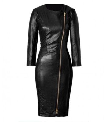 Black Leather Bodycon Dress Women Round Neck Full Sleeve Disco Club Evening Wear