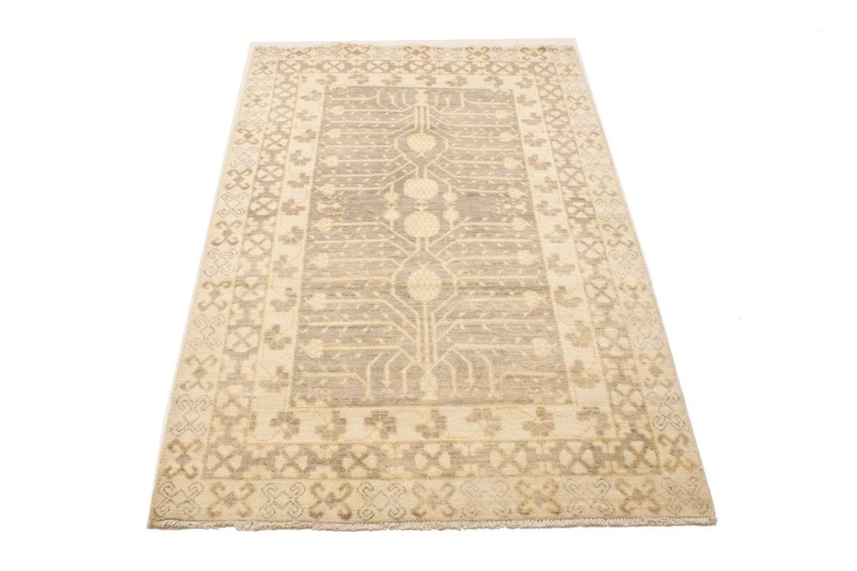 4X6 ft Handmade Khotan Muted Taupe Floral Rug Peshawar Pakistan Entryway Carpet - Image 2 of 4