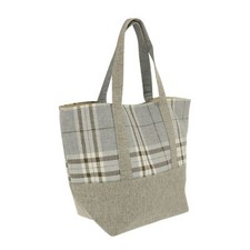 Grey Check Tartan Canvas Beach Bag Fabric Strap Handles Holiday Shopper Tote
