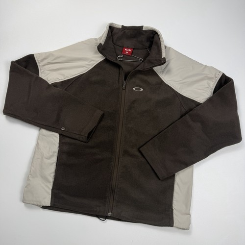 Y2K Oakley Software Full Zip Two Tone Fleece Jacket Brown Cream Earth Tone XL