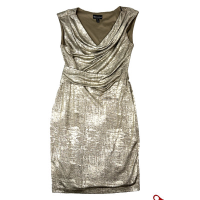 Connected Apparel Lisa Dress 6 Metallic Gold Cowl Drape Midi Stretch Ruched Sexy