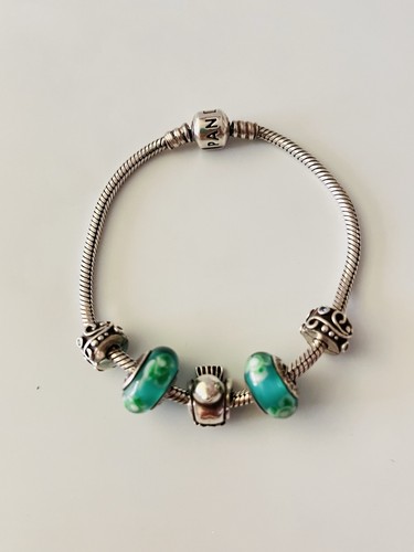 Pandora Sterling Silver Snake Bracelet 8'' Long with 5 Charms