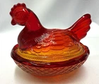 Vintage Amberina Glass Hen On A Nest Cadmium Orange Red MINI *Please READ*