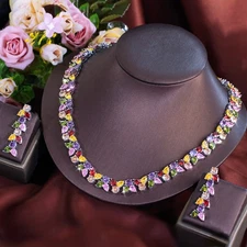 Multicolor Drop Cluster Crystal Silver Plated CZ Earrings Necklace Jewelry Set