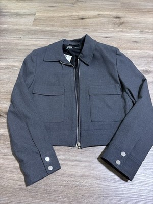 ZARA Gray Zipper Basic Jacket Women's Short Pockets Buttons Long Sleeve Size S