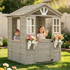 Wooden Kids Playhouse with Kitchen, Outdoor Cottage with Windows & Door , Gray