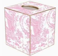 MARYE-KELLEY, 'PINK TOILE' FRENCH CUBED TISSUE BOX COVER, 5", GOLD TRIM, NEW