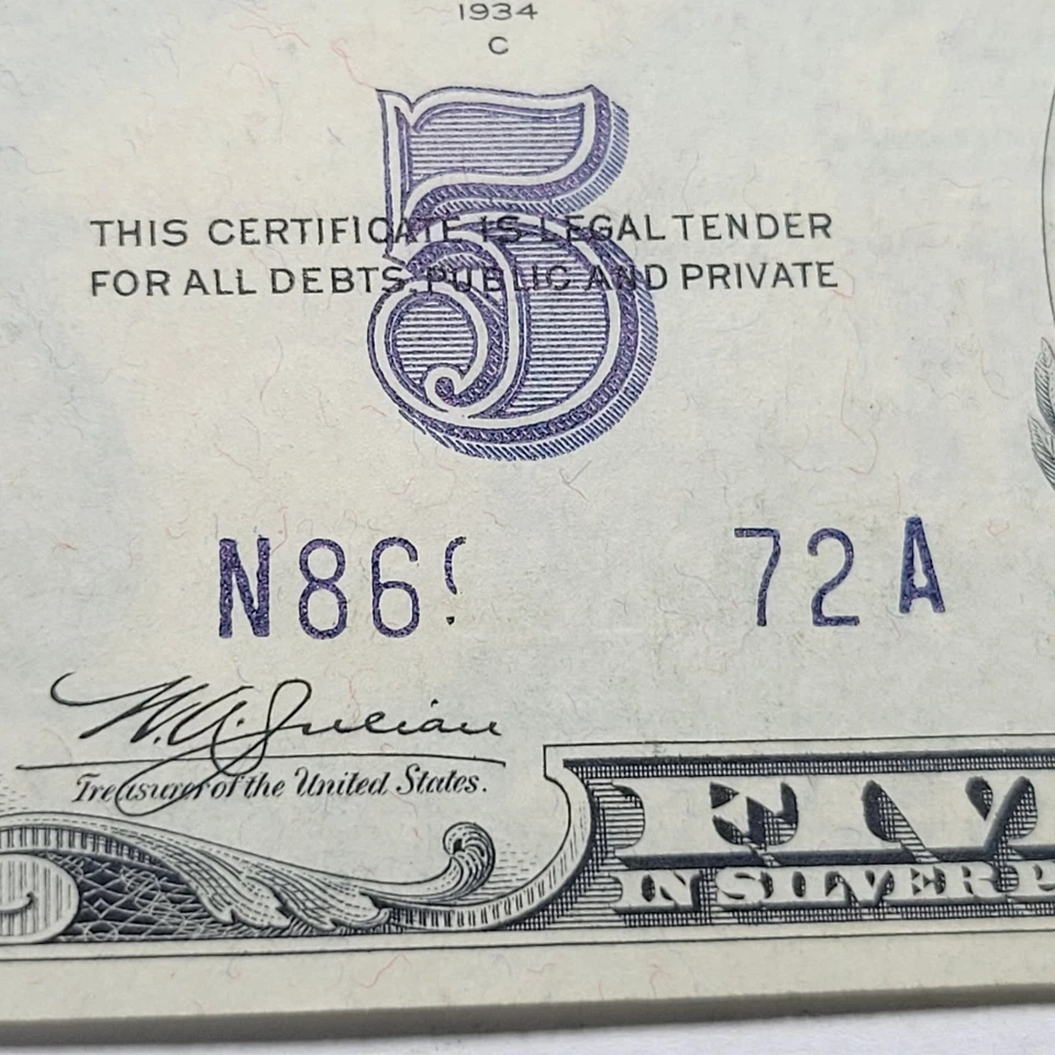 1934 C Silver Certificate $5 Dollar Note ~ Obstructed Print ERROR Serial# ~ChUnc - Image 3 of 4