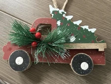 Red Pickup Truck w/ Tree Christmas Ornament wooden Glitzhome shelf sitter decor