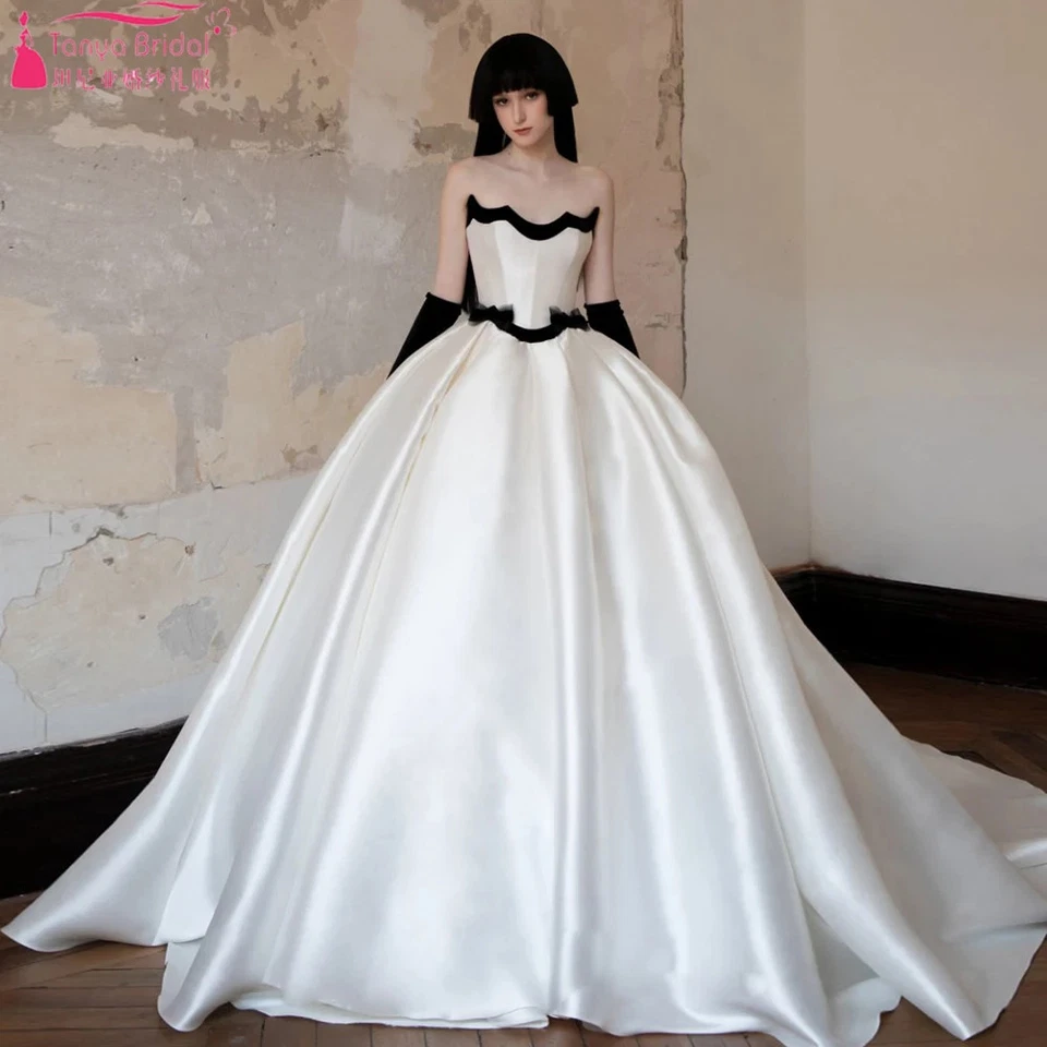 Satin A Line Wedding Dresses Simple Elegant Princess Bridal Gowns With Black Bow - Image 2 of 4