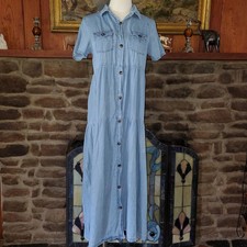 Vintage Womens Lightweight Denim Tiered Maxi Button Shirt Dress BOHO Prairie S