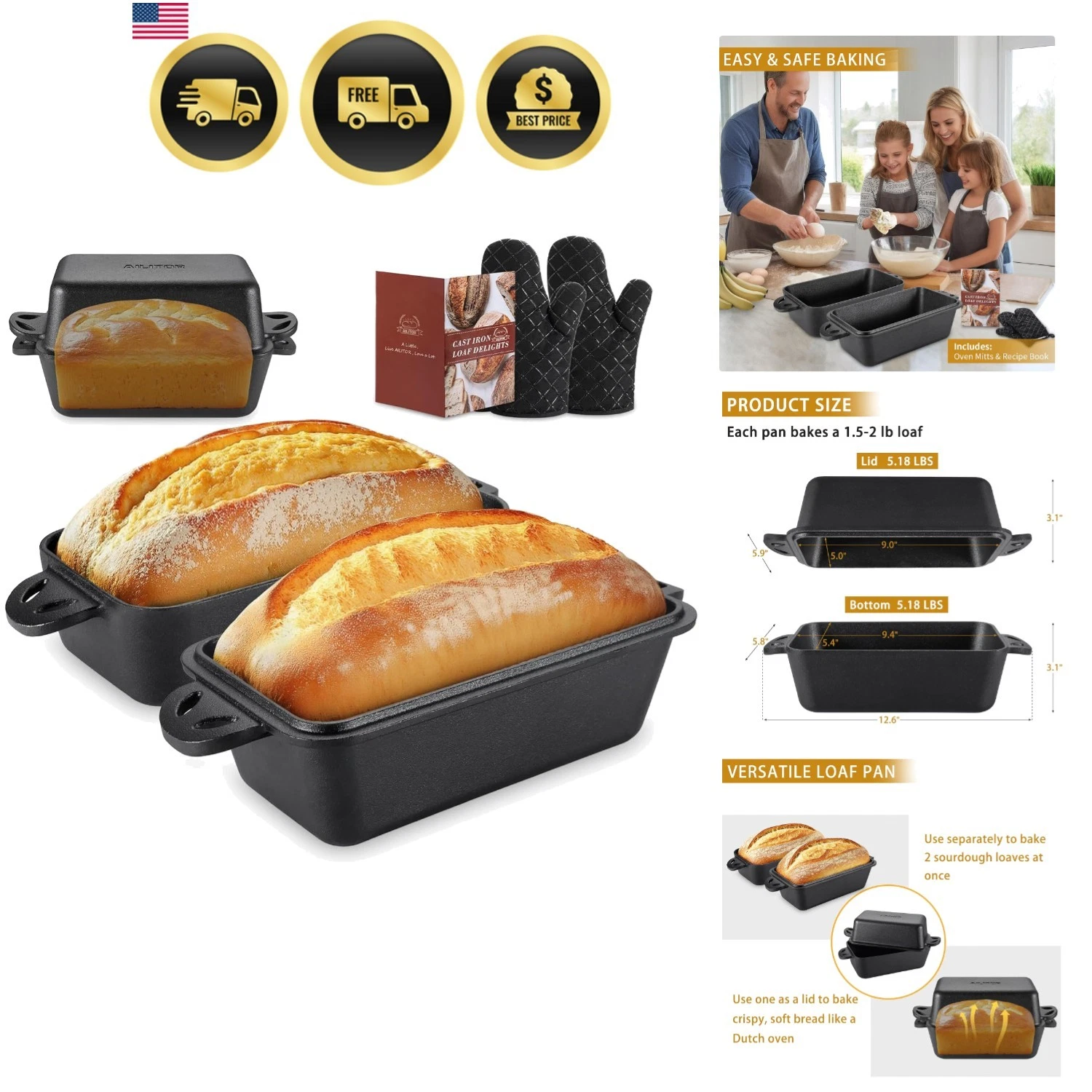 Cast Iron Loaf Pan with Lid 9x5 Inch - Bread Baking Pans for Homemade Bread, ...
Opens in a new wind