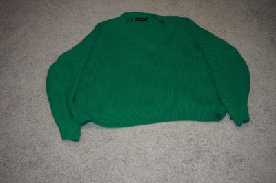 Green Chunky Knit V-Neck Sweater Oversized Cozy Fall Winter Basic   Size L