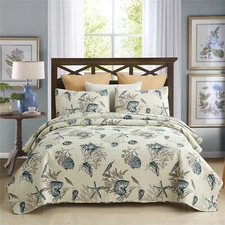 3 Pieces Beach Shell Bedspread Set Ocean Theme Seashell Conch Quilt With Shams