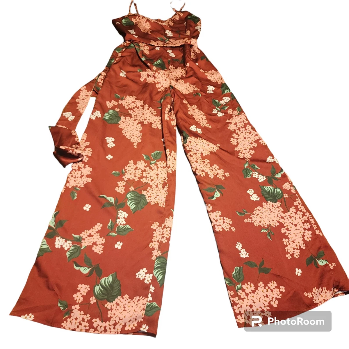 KEEPSAKE The Label Maroon and Pink Floral Wide Leg Spaghetti Strap Jumpsuit