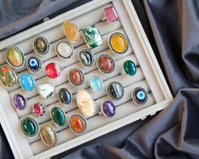 Ring 20 Pcs Assorted Crystals Silver Overlay Handmade Jewelry HL-11-063
