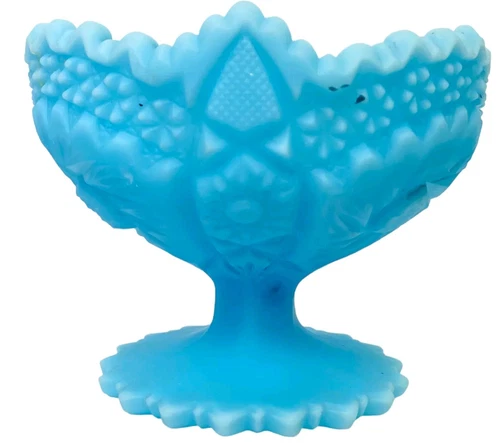 Vintage Fenton Blue Satin Custard Glass Pedestal Compote Bowl Hobstar Pinwheel