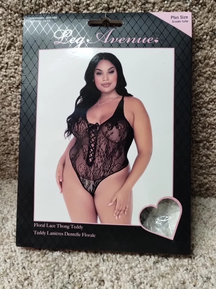 Floral Lace Thong Teddy - 1x/2x - Black Plus Size  — 第 2/4 张图片