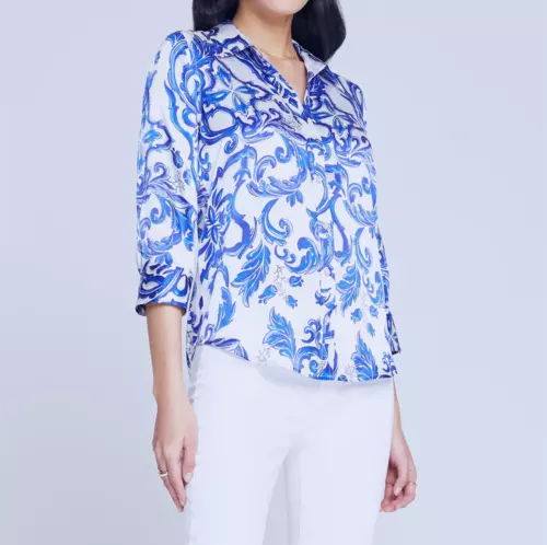 Damen L'AGENCE 3/4-Ärmel Seide Shirt Oberteil Kragen Bluse blau & weiß - Bild 3 von 5