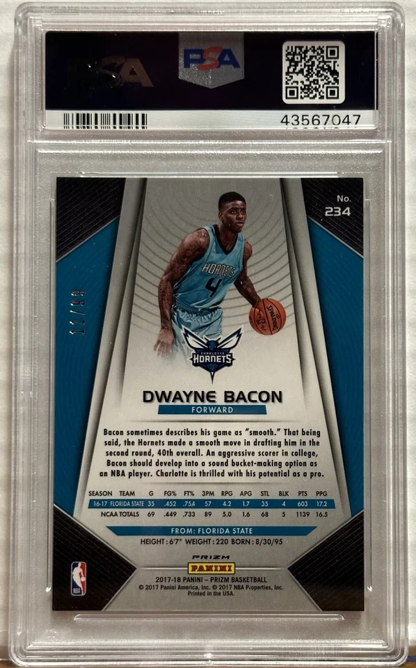 2017 Panini Prizm 234 Dwayne Bacon Blue Ice PSA GM MT 10 Foil Hornets RC - Image 2 of 2