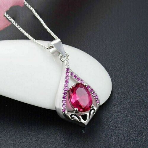 1.50Ct Oval Lab Created Pink Ruby Diamond Women's Pendant 14K White Gold Plated - Picture 1 of 7
