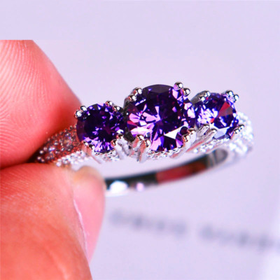 2ct Natural Amethyst Diamond Engagement Ring 14k SOLID White Gold Unique Trilogy