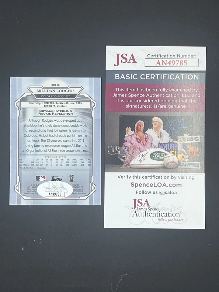 Brendan Rodgers Signed 2019 Bowman Sterling RC IP Auto JSA Colorado Rockies - Image 2 of 2