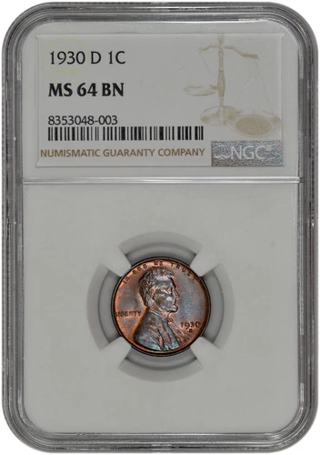 1930 D 1C Lincoln Wheat Cent NGC MS 64 BN with Toning