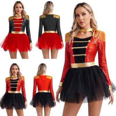 Damen Ringmeister Löwenbändiger Tutu Kleid Fransen Zirkus Darsteller Bodysuit