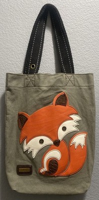 Chala Green Fox Canvas Tote Bag W/ Black Handles EUC