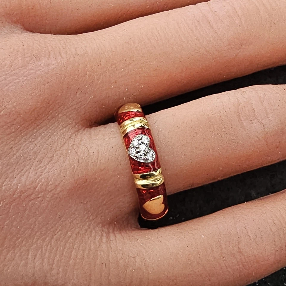 Hidalgo Diamond Heart Eternity Band Ring Red Enamel 18k Yellow White 6.7g sz 7 - Image 3 of 4