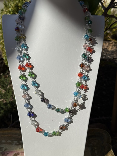 Premier Designs Beaded Necklace AB Glass Faceted Multicolor Silver Tone 54"