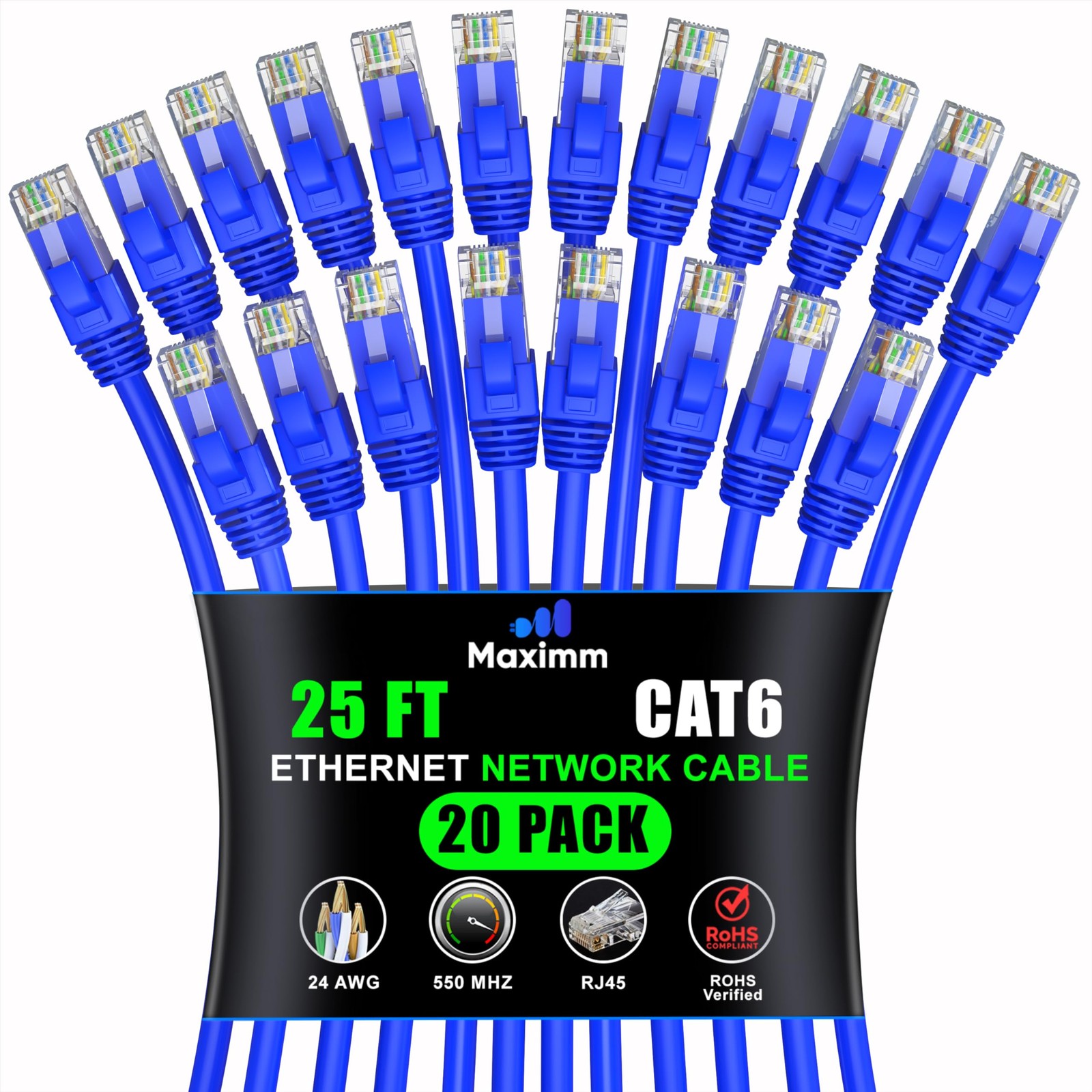 25-Pack Cat 6 Ethernet Cable 25 ft - High-Speed LAN Network Internet Cable