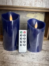 Flameless Candles- Set of 2 Blue Flickering Candles with Real Wax And Remote