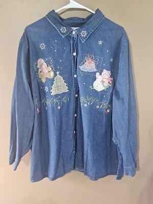 White Stag Vintage Christmas Denim Button Down Shirt Womens SIze 22W-24W