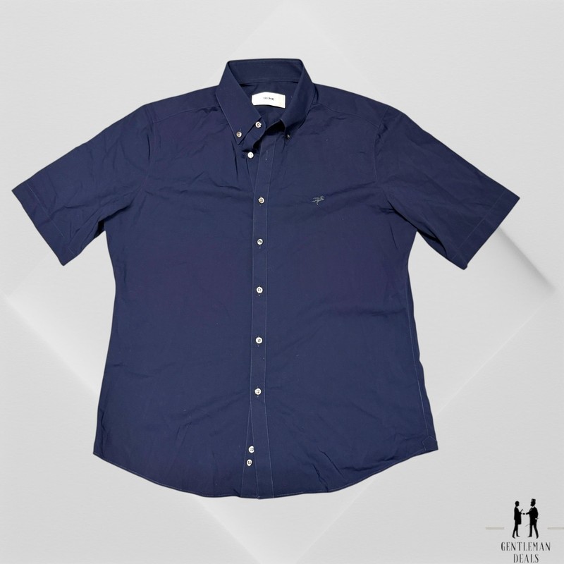 Sene Studio Mens Navy Blue Short Sleeve Button Down Shirt  USA L 21x29 Slim