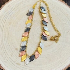 KJL Kenneth Jay Lane Necklace VTG Signed Chunky Leaf dangle Tri color chain 30"