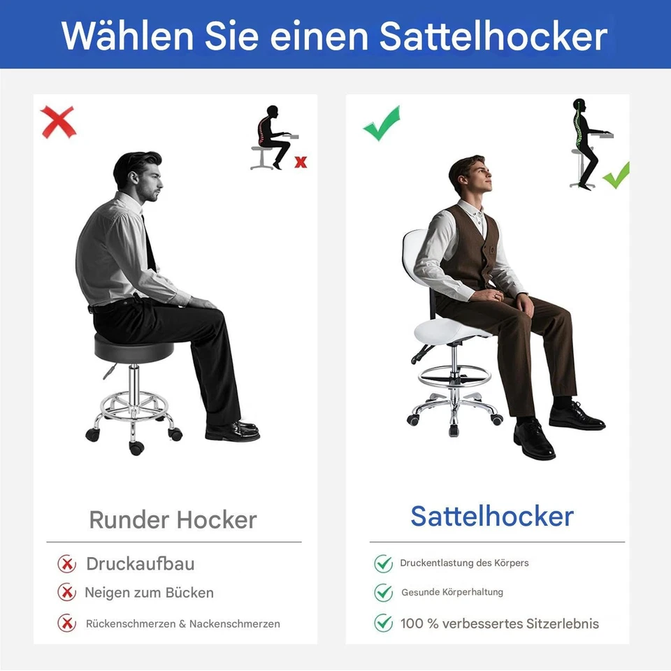 Hocker Sattelhocker Rollhocker Verstellbar Hocker mit Rückenlehne Drehbar Stuhl - Bild 3 von 4