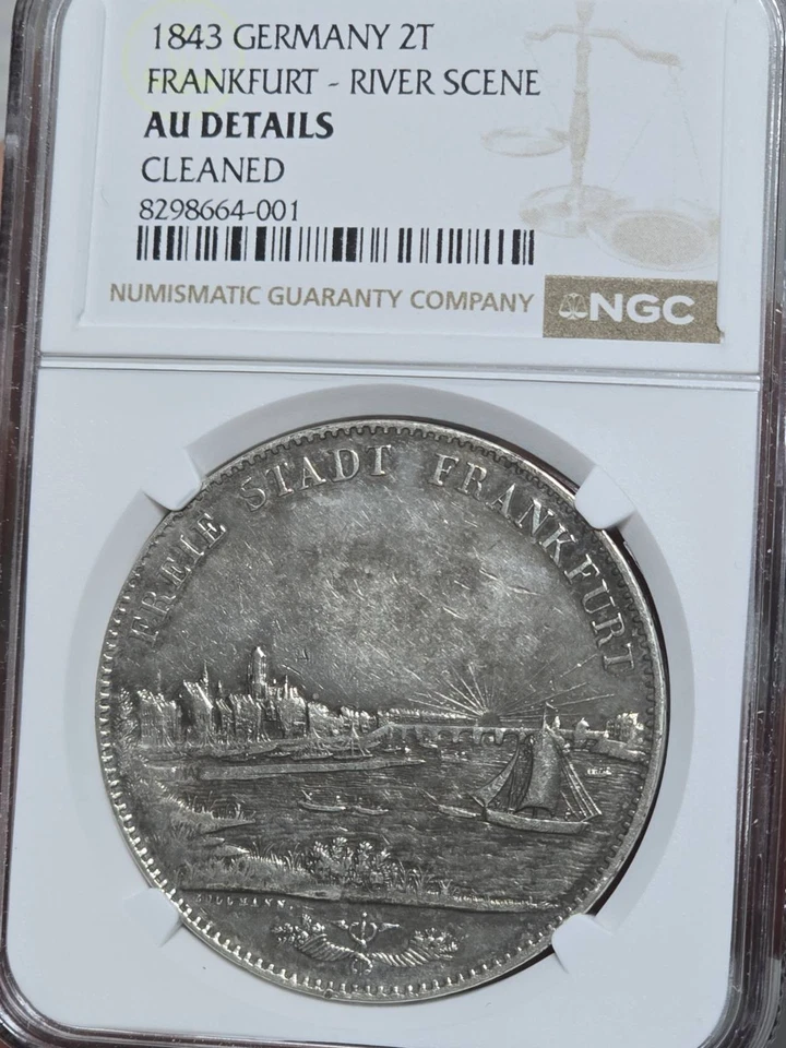 Alemania 1843 2 Thalers escena del río Frankfurt vista de la ciudad NGC AU detalles limpio RARO Foto 3 de 3