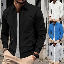 Men Waffle Cardigan Collar Jacket Garment Casual Polo Zipper Long Sleeve