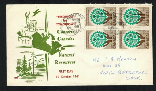 Canada #395, 1961 5¢ Resources block of 4, ARC  cachet FDC F/VF